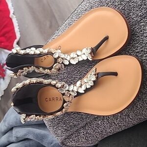 EUC Carrano Black Suede Clear Crystal Straps Gold Zipper Thong Sandals Sz 6